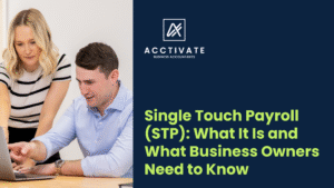 Single Touch Payroll (STP) blog cover featuring Acctivate's directors, Simon Burke and Elle Green.